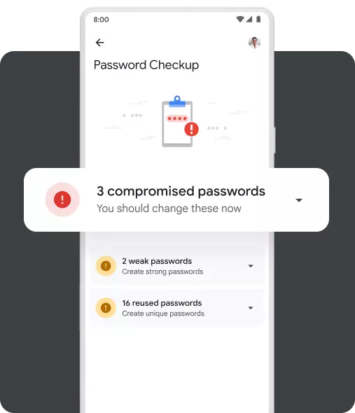 A mobile pop-up shows the user that they have online accounts with compromised passwords