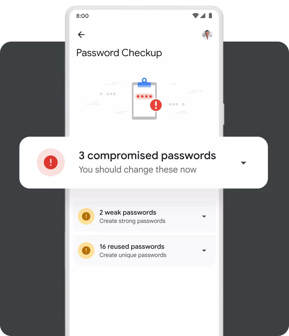 A mobile pop-up shows the user that they have online accounts with compromised passwords