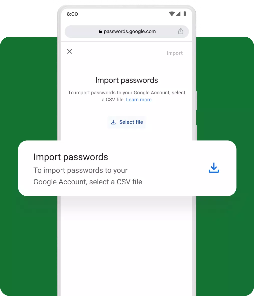 A mobile pop-up asks the user if they want to import passwords.