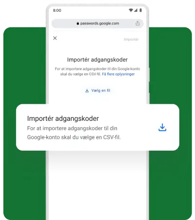 Et pop op-vindue på en mobil spørger, om brugeren vil importere sine adgangskoder.