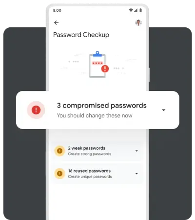 A mobile pop-up shows the user that they have online accounts with compromised passwords