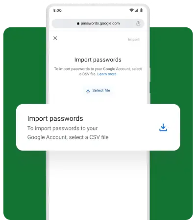 A mobile pop-up asks the user if they want to import passwords.