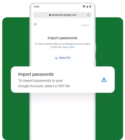 A mobile pop-up asks the user if they want to import passwords.