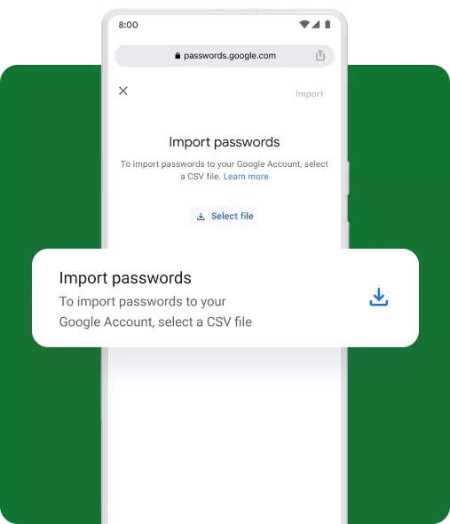 A mobile pop-up asks the user if they want to import passwords.