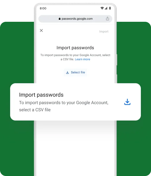 A mobile pop-up asks the user if they want to import passwords.