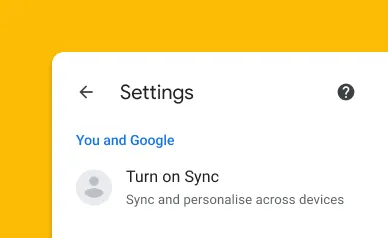 A Settings screen that says 'turn on sync'.