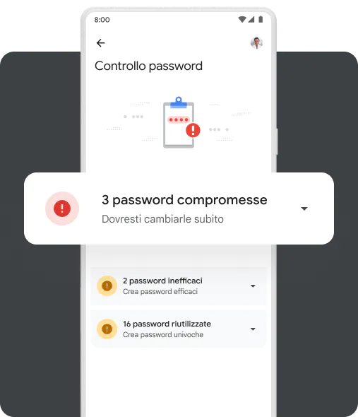 Un popup mostra all'utente che ha account online con password compromesse