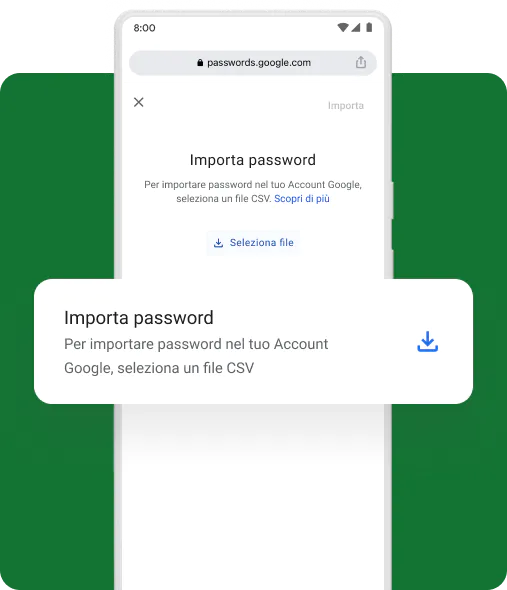 Un popup mobile chiede all'utente se vuole importare le password.
