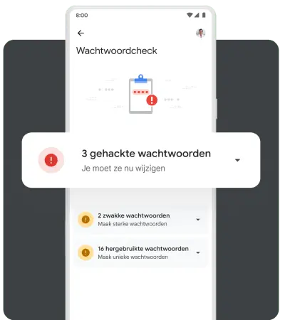 Een pop-up op mobiel met het bericht dat de gebruiker online accounts met gehackte wachtwoorden heeft