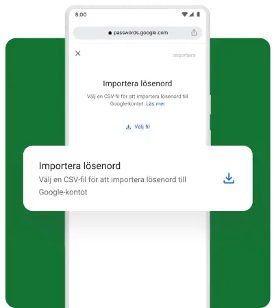Ett popup-fönster på en mobil enhet frågar användaren om hen vill importera lösenord.