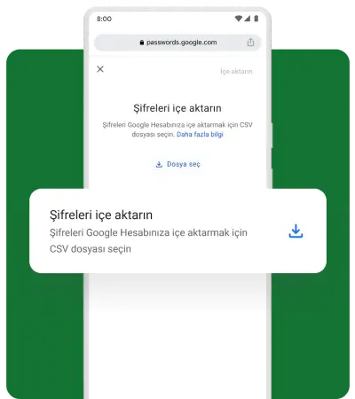 Cep telefonundaki bir pop-up'ta kullanıcıya, şifreleri içe aktarmak isteyip istemediği soruluyor.